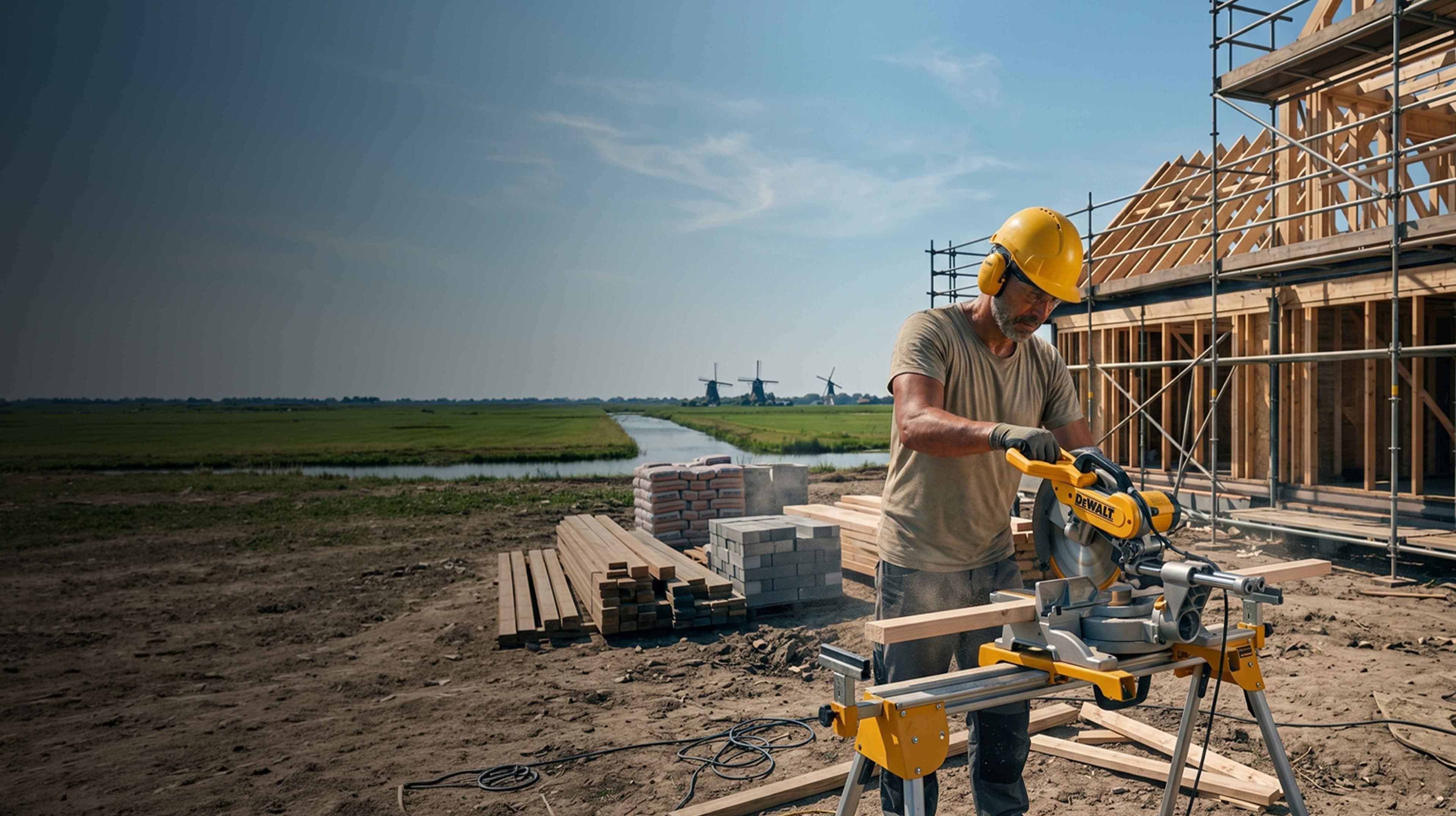 Man met bouwzaag op bouwplaats.