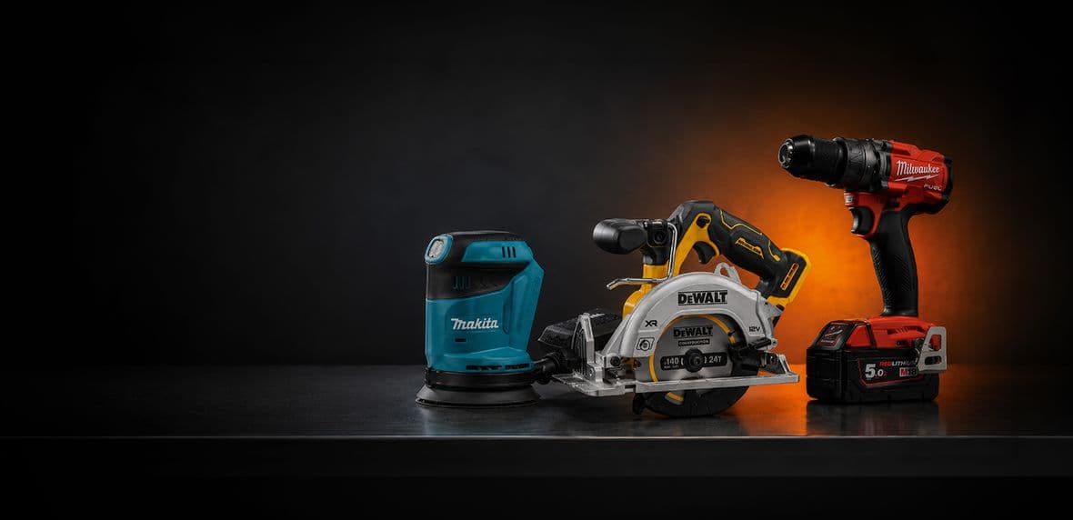 Makita, DeWalt en Milwaukee producten op een balie met zwart/oranje achtergrond